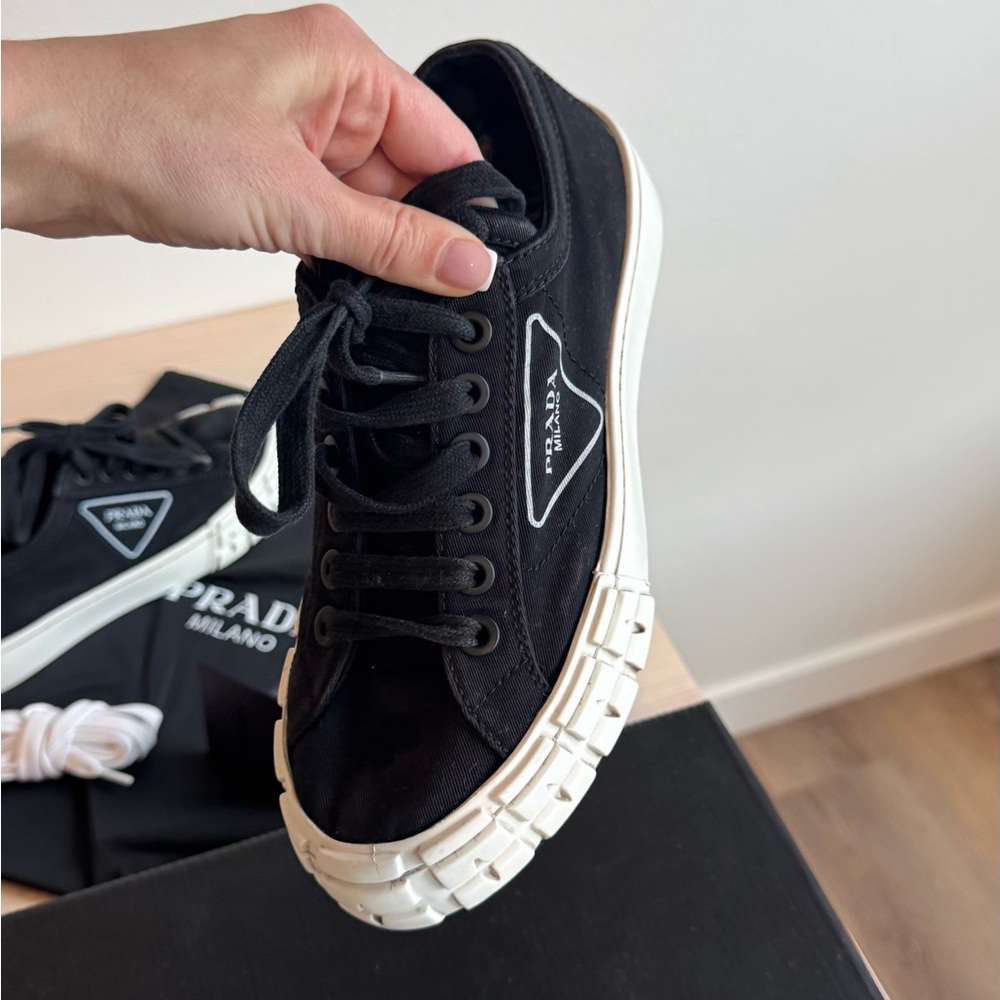 Prada Black Canvas Sneakers with White Sole - Picture 6 of 9
